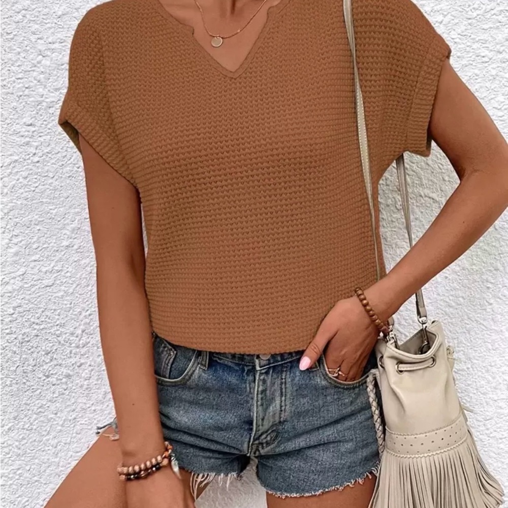 SHEIN Tan Textured Short Sleeve Top